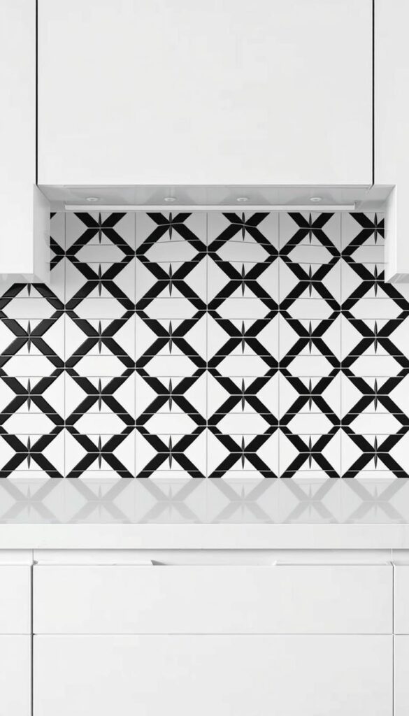 A black and white backsplash with a striking geometric pattern, bathed in soft, even lighting that accentuates the crisp, high-contrast design. The backsplash dominates the frame, filling the image with a bold, minimalist aesthetic. Smooth, glossy tiles in shades of monochrome create a visually captivating, statement-making backdrop that would anchor and define the space. The composition emphasizes the backsplash as the focal point, drawing the viewer's eye to the intricate, angular design that adds visual interest and a touch of modern elegance to the kitchen.