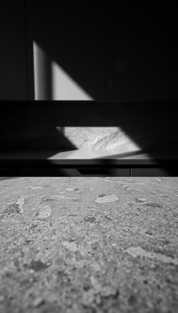 A high-contrast black and white kitchen texture, featuring a striking interplay of light and shadow. The foreground showcases a detailed, mottled surface with intricate patterns and a gritty, aged appearance, evoking the timeless elegance of natural stone or weathered concrete. The middle ground presents a smooth, polished backsplash or countertop, reflecting the light and creating a sense of depth and dimension. In the background, a seamless, uniform wall texture adds depth and visual interest, complementing the focal point of the foreground. Soft, dramatic lighting casts dramatic shadows, lending an artistic, moody atmosphere to the scene. The overall composition highlights the visual interplay of textures, materials, and tones, creating a visually striking and sophisticated kitchen design.