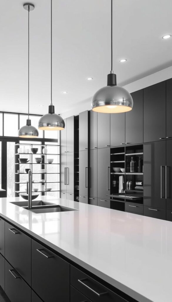 A modern, minimalist black and white kitchen interior. In the foreground, a sleek, monochrome kitchen island with streamlined cabinetry and a smooth, glossy countertop. Floating shelves line the walls, neatly displaying a curated collection of kitchen essentials. Elegant pendant lights cast a warm, ambient glow, illuminating the space. The middle ground features a row of tall, built-in pantry cabinets with discrete hardware, providing ample storage. The background showcases large, windows that flood the room with natural light, creating a bright, airy atmosphere. The overall impression is one of clean, contemporary design and efficient organization.