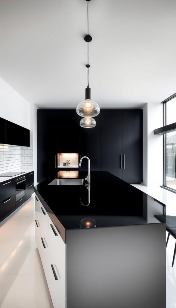 A modern, minimalist black and white kitchen with sleek, clean lines and a sophisticated aesthetic. The foreground features a large, angular island with a glossy black countertop, contrasted by white cabinetry and a backsplash of crisp, monochrome tiles. Strategically placed pendant lights cast a warm, ambient glow, illuminating the space. In the middle ground, tall, floor-to-ceiling cabinets in a matte black finish flank the frame, creating a sense of depth and balance. The background showcases large, panoramic windows that flood the room with natural light, blending the indoor and outdoor spaces seamlessly. The overall mood is one of understated elegance and timeless style.