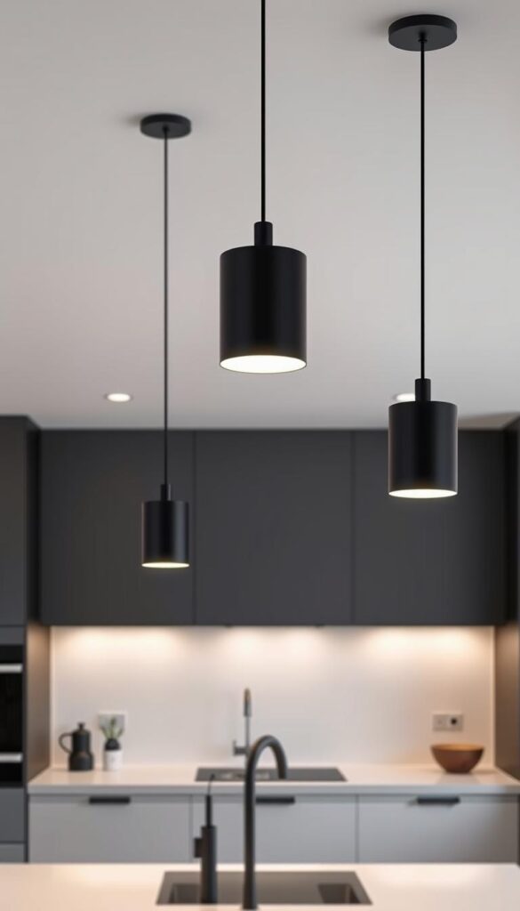 A modern, minimalist kitchen with sleek, monochrome pendant lights suspended from the ceiling, casting a warm, ambient glow over the monochrome surfaces. The pendant lights feature a simple, cylindrical silhouette with a matte black finish, hanging at different heights to create visual interest. The kitchen is bathed in a soft, even light, with the pendants' illumination complementing the neutral color palette of the cabinetry, countertops, and backsplash. The scene conveys a sense of sophistication and understated elegance, perfectly suited to highlight the stylish, monochrome theme.