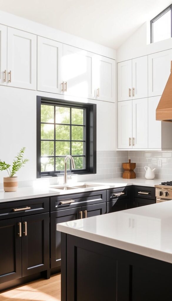 A modern two-tone kitchen with matte black base cabinets and crisp white wall cabinets. The cabinets feature sleek, minimalist shaker-style doors and brushed nickel hardware. Bright natural lighting floods the space through large windows, casting a warm glow on the light quartz countertops. The backsplash is a simple subway tile in a complementary neutral tone. The overall effect is a stylish, high-contrast design that makes a bold statement in the heart of the home.