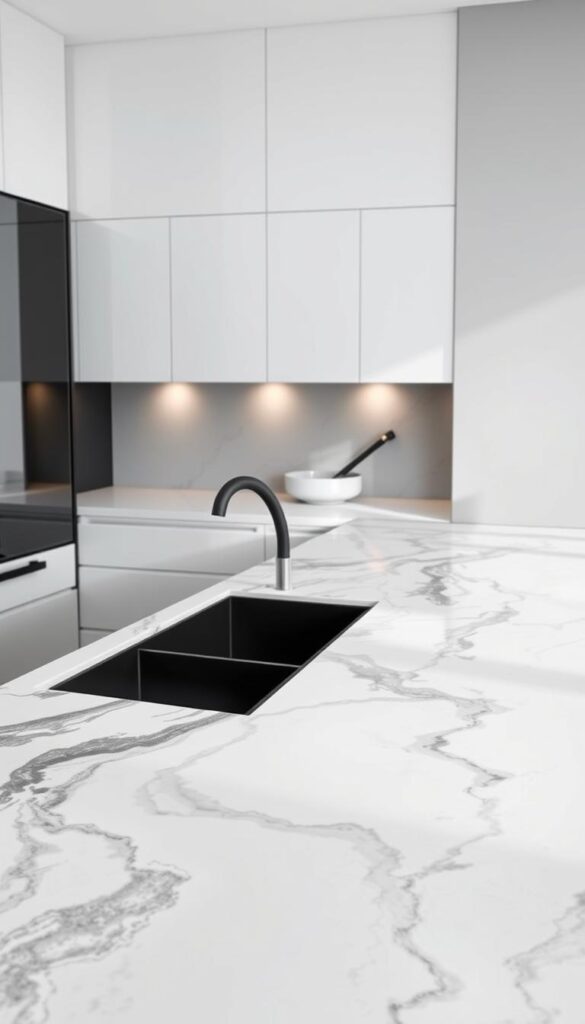 A sleek and modern black and white kitchen countertop, capturing the essence of minimalist elegance. The countertop surface is a seamless blend of crisp white and deep onyx hues, creating a striking visual contrast. Carefully crafted veining patterns add depth and visual interest, complementing the smooth, polished finish. Soft, indirect lighting casts a warm, inviting glow, accentuating the countertop's clean lines and reflective properties. The overall composition exudes a sense of sophistication and timeless style, perfectly suited for an innovative, monochrome kitchen design.