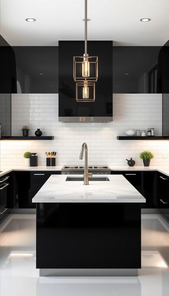 A sleek and modern kitchen with a minimalist black and white color scheme. The foreground features a large central island with a smooth marble countertop, complemented by glossy black cabinets and stainless steel appliances. The middle ground showcases a pair of pendant lights with a simple geometric design, casting a warm glow over the space. In the background, the walls are adorned with clean white subway tiles, creating a crisp and cohesive backdrop. The overall atmosphere exudes an elegant and sophisticated ambiance, perfect for an article on stylish black and white kitchen designs.