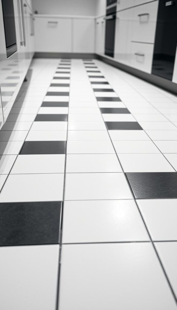 Detailed black and white kitchen floor design. Sleek, modern tiles in a geometric pattern, arranged in a repeating square motif. Tiles have a matte, slightly textured surface in pure white and deep charcoal. Indirect lighting from recessed ceiling fixtures casts a soft, even glow across the floor, creating subtle shadows that accentuate the design. Camera angle slightly elevated to showcase the full layout, with the tiles extending to the edges of the frame. Atmosphere is clean, sophisticated, and visually striking, drawing the eye down to the carefully considered flooring.