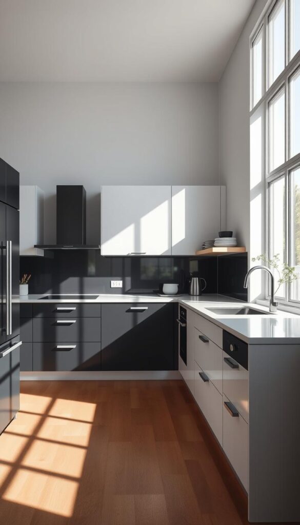 Prompt A minimalist black and white kitchen design, bathed in soft, natural lighting from large windows. The sleek, monochromatic cabinets and countertops create a timeless, sophisticated ambiance, complemented by the warm wood flooring and accents. The clean, uncluttered layout emphasizes the spaciousness, while the strategic placement of shadows and highlights adds depth and dimension. A sense of timelessness and psychological comfort pervades the scene, suggesting why such a design endures in popularity. Subtle hints of modern design elements suggest a contemporary interpretation of a classic aesthetic.