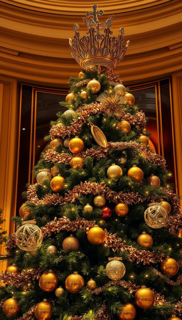 A breathtakingly opulent Christmas tree with a statement topper, bathed in warm, golden light and adorned with lustrous metallic ornaments, shimmering garlands, and a symphony of twinkling lights. The topper, a magnificent crown or sculptural piece crafted from polished brass, bronze, or gleaming crystal, commands attention as the focal point, radiating an aura of sophistication and grandeur. The tree's lush, verdant boughs provide a rich, luxurious contrast, creating a harmonious balance between natural and artificial elements. The scene exudes an atmosphere of refined elegance, inviting the viewer to imagine a cozy, high-end setting perfect for the most luxurious of holiday celebrations.