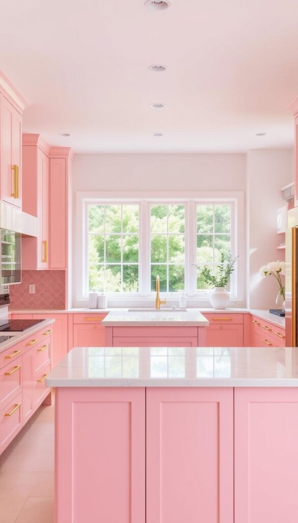 A bright, airy kitchen with a focus on pink color combinations. The foreground features sleek, modern cabinetry in a soft blush tone, complemented by gold hardware and accents. In the middle ground, a large, rectangular island in a deeper shade of pink serves as the centerpiece, with a smooth, marble-like countertop. The backsplash showcases a delicate pattern in shades of pink, adding visual interest. The background reveals large windows that flood the space with natural light, casting a warm glow and creating a cheerful, inviting atmosphere. The overall design strikes a balance between bold and subtle, resulting in a stylish, yet welcoming pink kitchen.