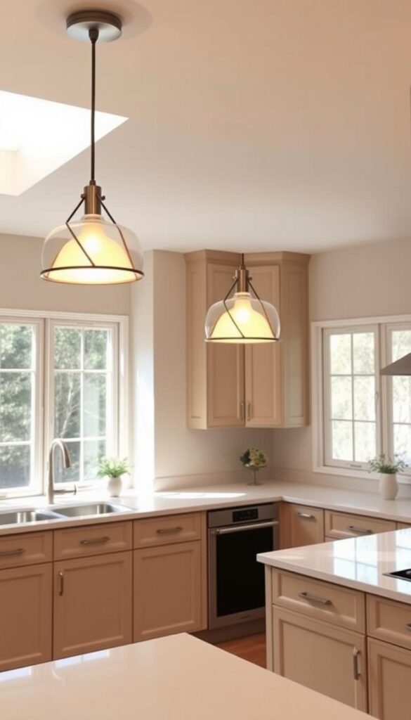 A bright, airy kitchen with beige cabinetry and countertops. Elegant pendant lights with a warm, diffused glow hang from the ceiling, casting a soft, inviting ambiance over the space. The lighting fixtures feature a minimalist, contemporary design with clean lines and a metallic finish that complements the neutral color scheme. Natural light streams in through large windows, creating a harmonious blend of artificial and natural illumination. The overall atmosphere is calming and elegant, showcasing the beauty of a well-designed beige kitchen.