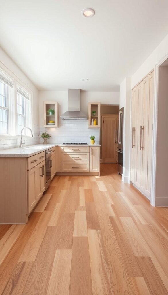 A bright, airy kitchen with beige flooring options showcased in a natural, evenly-lit setting. The flooring materials include hardwood, tile, and luxury vinyl planks, each presented in a variety of beige tones and textures. The kitchen counter and cabinets are neutral, allowing the flooring to take center stage. Soft, diffused lighting from overhead fixtures casts a warm glow, highlighting the subtle variations and patterns in the flooring. The camera angle is slightly elevated, providing a comprehensive view of the flooring options arranged in an inviting, cohesive layout.
