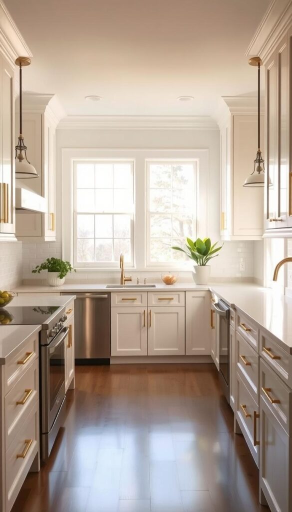 A bright, airy kitchen with classic white cabinetry and sleek, modern countertops. Sunlight streams through large windows, casting a warm glow on the space. The backsplash features clean, minimalist tiles that complement the contemporary stainless steel appliances. Subtle brass hardware and pendant lights add touches of metallic elegance. A central island with a waterfall edge provides additional prep space and seating. Potted greenery on the windowsill brings a natural, organic element to the refined, sophisticated design.