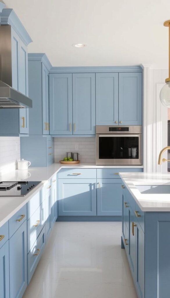 A bright, airy kitchen with crisp white quartz countertops reflecting natural light. The countertops are paired with shaker-style cabinets in a soothing blue hue, creating a harmonious and calming atmosphere. The cabinets have a matte finish, complementing the smooth, veined texture of the quartz. Subtle brass hardware adds a touch of warmth and sophistication. Recessed lighting casts a soft, even glow, highlighting the clean lines and modern aesthetic of the space. The overall impression is one of elegance, functionality, and a serene, inviting ambiance, perfect for a stylish blue kitchen.
