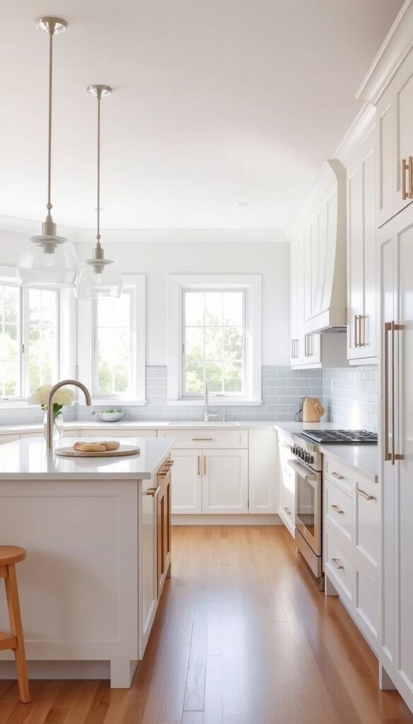 A bright, airy kitchen with crisp white shaker-style cabinets and a neutral color palette. Soft natural light filters through large windows, illuminating the clean lines and minimalist design. The backsplash features muted gray subway tiles that complement the quartz countertops. Sleek silver hardware accentuates the cabinets, while a pair of modern pendant lights hang above a central island with wooden accents. The floor is covered in light-toned hardwood, lending a warm, inviting atmosphere. An overall sense of timeless elegance and practicality pervades the space.