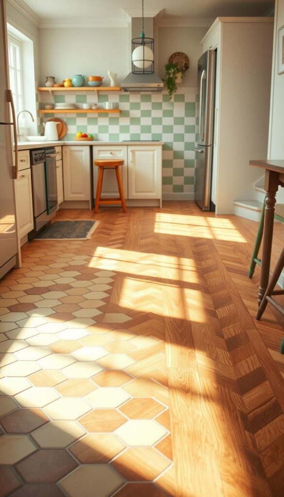 A bright, airy kitchen with vintage flooring options. In the foreground, a classic hexagonal tile pattern in shades of cream and sage, reflecting warm, natural lighting. In the middle ground, a herringbone wood floor in a rich, weathered oak tone, complementing the retro aesthetic. In the background, a checkerboard linoleum pattern in muted tones of green and yellow, evoking a nostalgic, mid-century vibe. The scene is bathed in soft, diffused light, creating a timeless, inviting atmosphere, perfect for a stylish, yet authentic, vintage kitchen design.