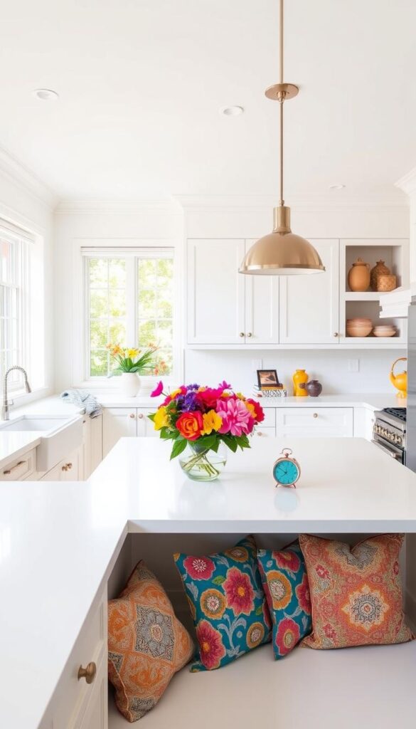 A bright, airy white kitchen with a playful, vibrant personality. The expansive countertops and cabinetry are pristine white, creating a clean, minimalist canvas. Splashes of color come from a mix of decorative accents - a vibrant floral centerpiece, vividly patterned throw pillows, and a retro-inspired kitchen timer in a bold hue. Warm task lighting from sleek pendant fixtures bathes the space in a soft, natural glow, while large windows flood the room with natural daylight. The overall effect is a harmonious blend of classic white and lively, eclectic style, exuding a sense of warmth and individuality.