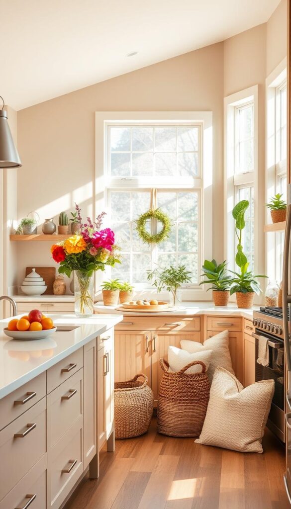 A bright and airy beige kitchen with natural wood accents. Sunlight streams through large windows, casting a warm glow on the space. The countertops are a light quartz, complemented by white subway tile backsplash. Vibrant pops of color come from a variety of decorative accessories - a vase of fresh flowers, a bowl of citrus fruit, and several potted plants. Sleek stainless steel appliances provide a modern contrast. The layout is open and inviting, with a cozy breakfast nook in the corner. Soft textures like woven baskets and plush throw pillows add warmth and coziness. The overall atmosphere is one of casual elegance and effortless style.