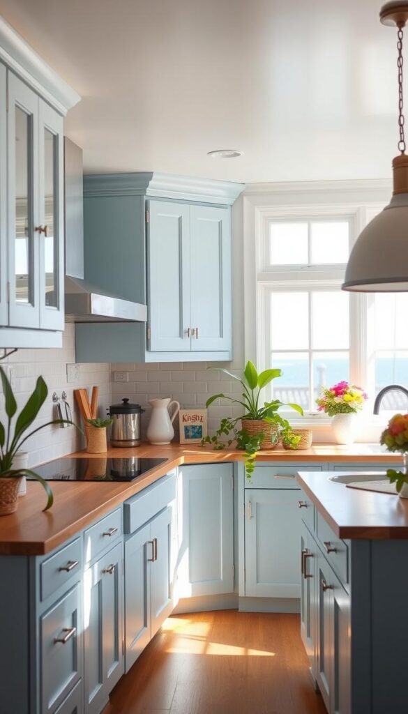 A bright and airy coastal kitchen, with light blue shaker-style cabinets that evoke the calming hues of the nearby ocean. The cabinets are complemented by warm wood countertops and natural light flooding in through large windows, creating a serene and inviting atmosphere. A backsplash of white subway tiles adds a classic touch, while pendant lights with a nautical-inspired design hang overhead, casting a soft glow. The room is filled with plants and natural textures, reflecting the tranquil coastal ambiance. The overall effect is a harmonious and visually stunning kitchen, perfectly suited for a light and breezy, yet stylish living space.