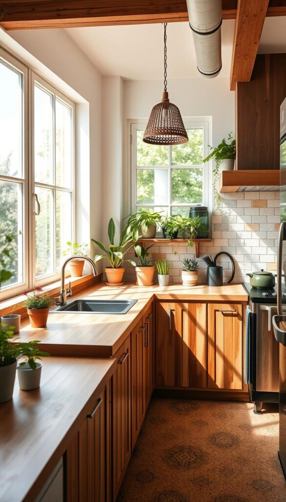 A bright and airy eco-friendly kitchen with natural light flooding in through large windows. The countertops are made of sustainable bamboo, the cabinets are crafted from reclaimed wood, and the backsplash features handcrafted ceramic tiles. Strategically placed potted plants and a minimalist hanging herb garden add pops of greenery. The floor is covered in durable cork tiles, and the overall atmosphere exudes a calming, nature-inspired ambiance. Subtle industrial touches, such as exposed beams and a pendant light made from recycled materials, complement the sustainable design elements. The scene conveys a harmonious balance between functionality, environmental consciousness, and aesthetic appeal.