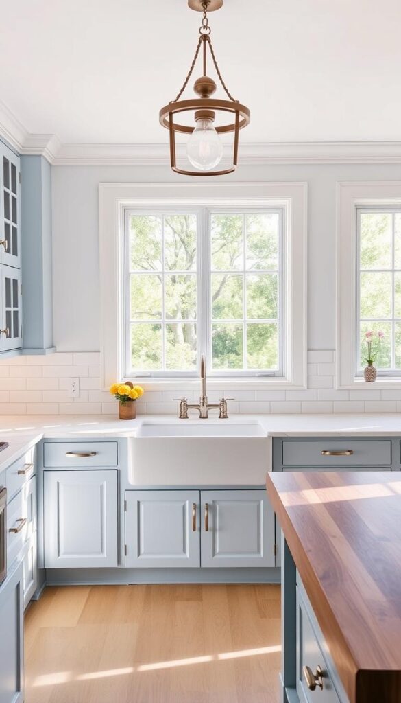 A bright and airy kitchen with a timeless blue and white color palette. The focal point is a large farmhouse-style sink set against subway tile backsplash in a crisp, clean white. Shaker-style cabinets in a soft, powder blue hue line the walls, complemented by sleek, brushed nickel hardware. Overhead, a statement light fixture casts a warm, even glow, illuminating the space. The countertops are a durable, white quartz that reflects the natural light streaming in through large, mullioned windows. Touches of wood, such as a rustic, butcher block island, add depth and visual interest. The overall atmosphere is one of classic sophistication and tranquility.