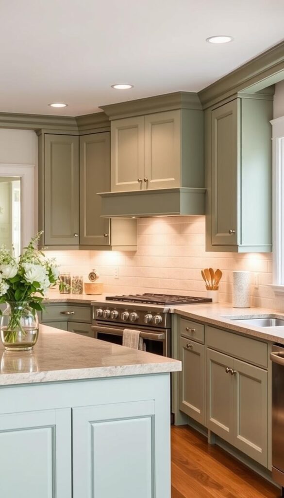 A bright and airy kitchen with timeless sage green Shaker-style cabinets, accented by polished nickel hardware and warm wood tones. The cabinets are the focal point, complemented by a subtle backsplash and natural stone countertops that create a cohesive, elegant look. Soft, diffused lighting from recessed fixtures and a large window casts a soothing glow, highlighting the kitchen's tranquil, inviting atmosphere. The layout is classic and functional, with ample counter space and a central island providing additional storage and prep area. This sage green kitchen design exudes a sense of timeless sophistication and effortless style.