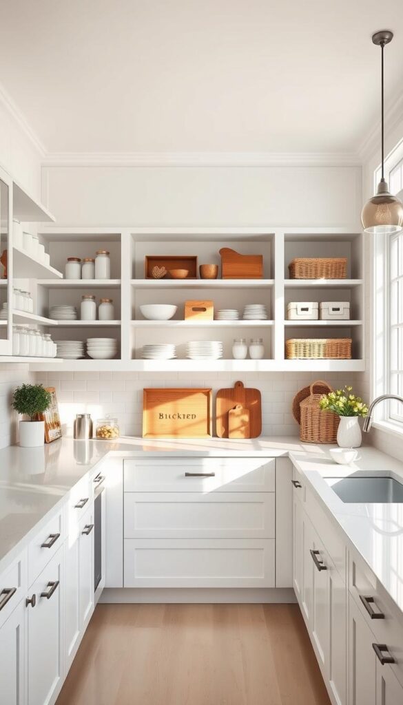 A bright and airy white kitchen with open shelving showcasing a variety of kitchen storage solutions. The shelves are lined with ceramic jars, wooden crates, and woven baskets, creating a harmonious and organized display. Soft natural light filters in through large windows, casting a warm glow on the clean, minimalist design. The kitchen countertops are made of pristine white quartz, complementing the sleek white cabinetry. A subtle touch of greenery, such as a potted plant, adds a fresh, natural element to the scene. The overall atmosphere is one of tranquility and efficiency, reflecting the beauty and functionality of a well-designed white kitchen.