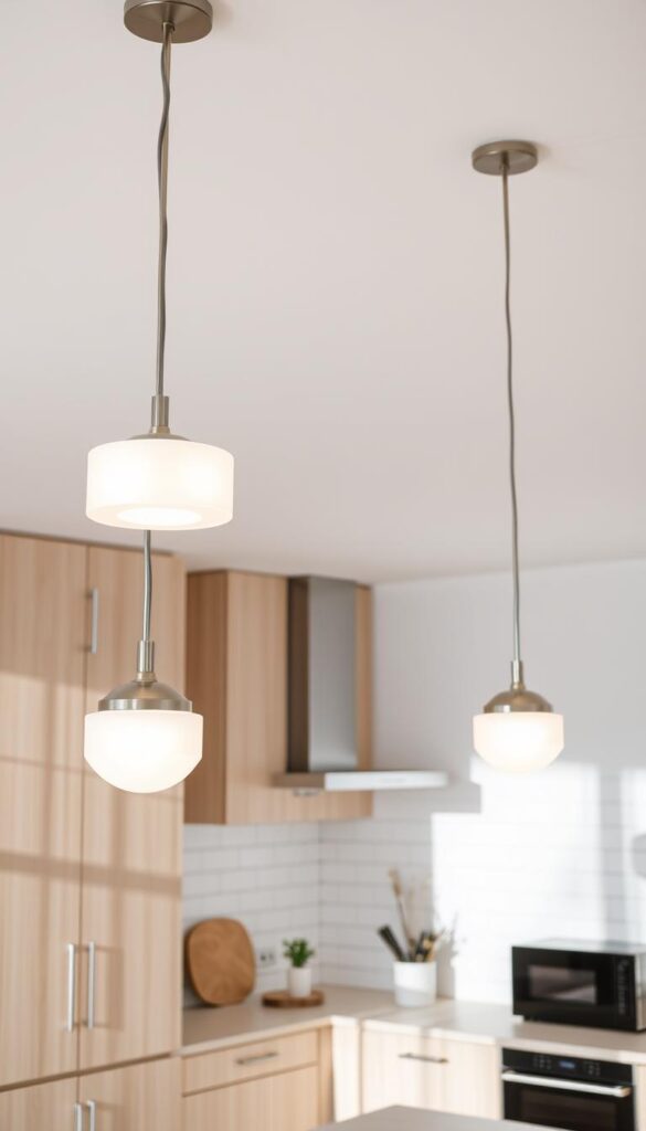 A bright, minimalist Scandinavian kitchen with sleek, modern lighting fixtures suspended from a high ceiling. The fixtures have clean lines and a simple, elegant design, combining brushed metal and frosted glass to emit a soft, diffused glow. Subtle shadows create depth and dimension, while the overall lighting scheme complements the pale wood cabinetry, white tile backsplash, and natural stone countertops. An airy, serene atmosphere pervades the space, reflecting the quintessential Scandinavian design aesthetic.