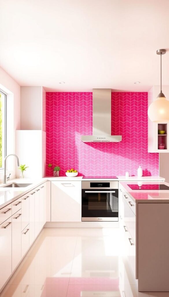 A bright, modern kitchen with a bold pink backsplash design. The backsplash features an intricate geometric pattern, with clean lines and a subtle sheen. The kitchen has white cabinets and countertops, creating a sleek and minimalist look that allows the vibrant pink backsplash to take center stage. Warm, diffused lighting from overhead fixtures casts a soft glow, highlighting the texture and depth of the backsplash tiles. The room is spacious, with a large window letting in natural light and offering a view of a lush, green outdoor space. The overall atmosphere is one of elegance and contemporary style, with the pink backsplash adding a touch of playfulness and personality to the design.