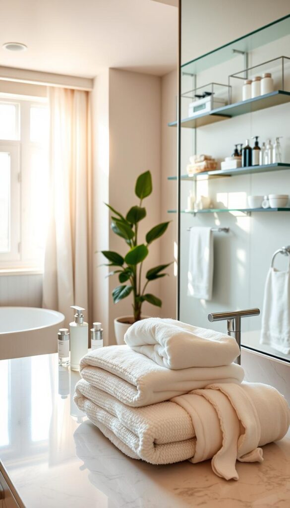 A bright, welcoming bathroom interior with a variety of guest-friendly amenities. In the foreground, a luxurious cotton towel set, plush bathrobes, and a selection of high-end toiletries are neatly arranged on a marble vanity. In the middle ground, a large mirror reflects the warm, natural lighting streaming in through a window, casting a cozy glow. In the background, a tranquil potted plant and a set of hanging wall shelves displaying carefully curated bath essentials create a spa-like ambiance. The overall scene conveys a sense of thoughtful hospitality and attention to guest comfort.