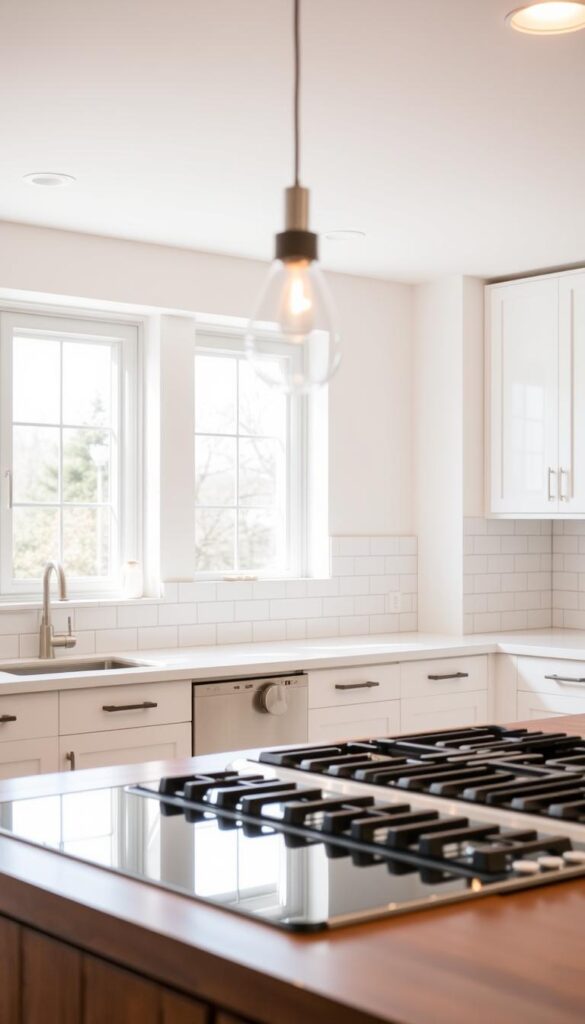 A bright, well-lit modern kitchen with a sleek subway tile backsplash. The tiles are arranged in a classic staggered pattern, their crisp white hue creating a clean, minimalist backdrop. Soft, diffused lighting from overhead fixtures casts a warm glow, accentuating the smooth, glossy finish of the tiles. In the foreground, a gleaming stainless steel oven and cooktop sit atop a rich, wooden countertop, while in the middle ground, a modern pendant light fixture hangs elegantly, casting a gentle illumination across the space. The background features simple, white cabinetry and a large window, allowing natural light to flood the room and create a sense of airiness and spaciousness.