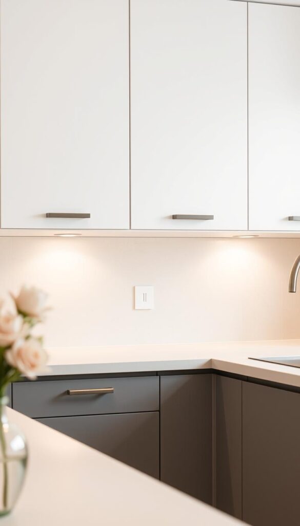 A clean, well-lit Scandinavian kitchen with a minimalist aesthetic. Sleek, matte-finish cabinet hardware in a brushed metal or ceramic finish, arranged in a simple, linear fashion across the cabinets. Soft, indirect lighting casts a warm glow, highlighting the clean lines and subtle textures. The backsplash is a smooth, neutral tile or slab, allowing the hardware to take center stage. The overall impression is one of understated elegance and thoughtful design, perfectly capturing the essence of Scandinavian style.