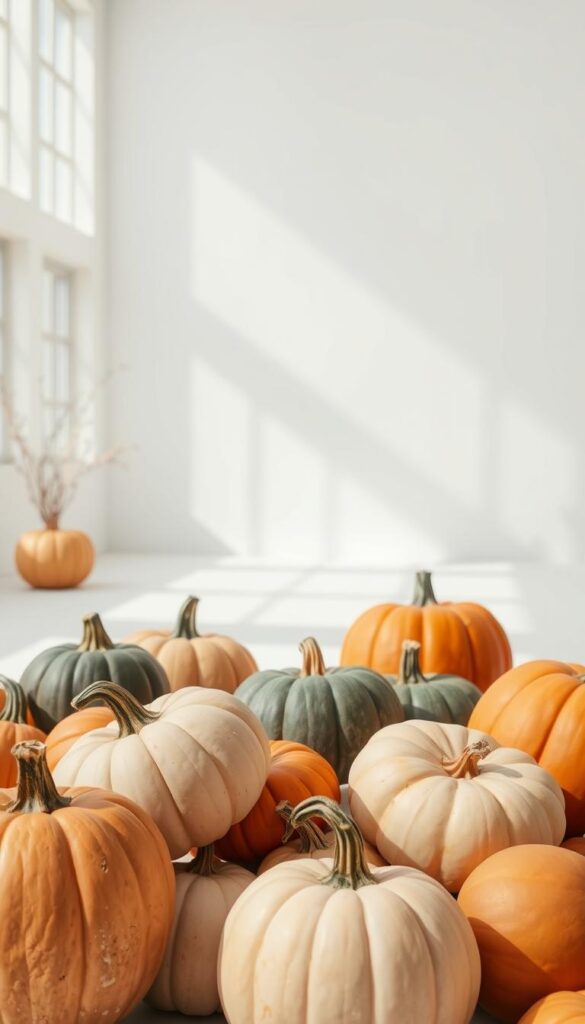 A contemporary pumpkin display featuring an artful arrangement of various pumpkin shapes, sizes, and colors set against a minimalist, light-filled backdrop. In the foreground, a mix of smooth, matte-finish pumpkins in shades of creamy beige, deep orange, and muted green are elegantly clustered. In the middle ground, a few uniquely textured heirloom pumpkins with warts and ridges add visual interest. The background is a bright, airy space with clean white walls and natural light streaming in through large windows, creating a serene, gallery-like atmosphere. The overall scene has a refined, modern aesthetic that strikes a balance between rustic and sophisticated.