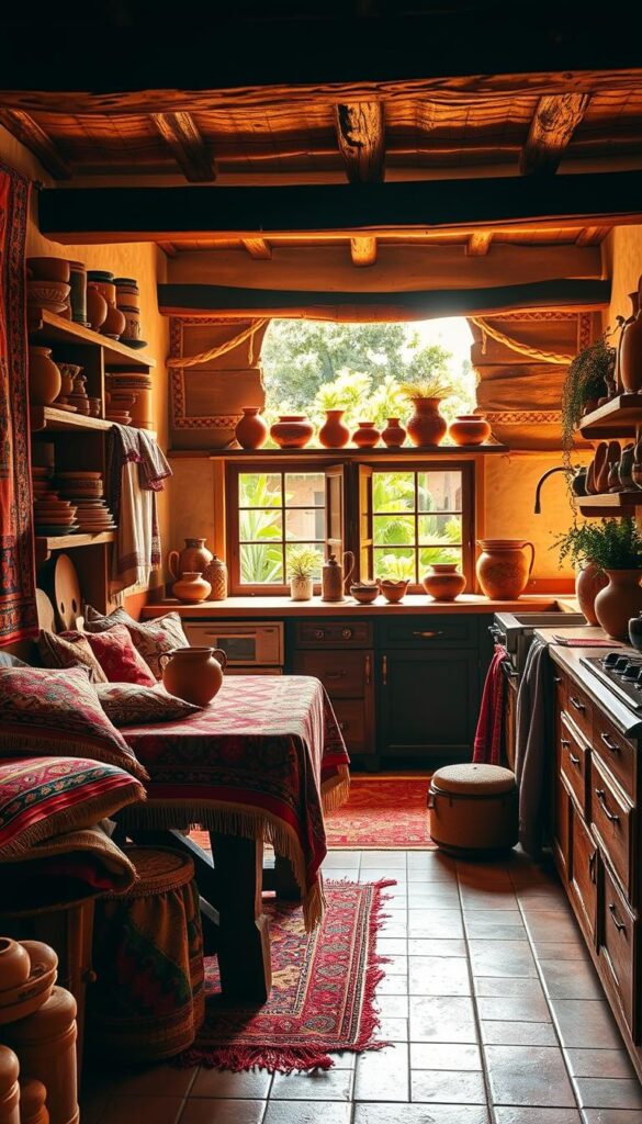 A cozy Mexican kitchen, bathed in warm, golden light. The foreground showcases a vibrant display of authentic textiles - hand-woven rugs, embroidered cushions, and intricately patterned tablecloths, all in a rich palette of earthy reds, oranges, and ochres. In the middle ground, wooden shelves hold an assortment of terracotta bowls, ceramic vases, and decorative pottery, complementing the textured fabrics. The background reveals terracotta tile floors, exposed beams, and a glimpse of a window overlooking a lush, verdant courtyard, creating a sense of rustic, inviting charm. The overall atmosphere evokes the rich cultural heritage and artisanal traditions of Mexico, perfect for a kitchen that celebrates authentic Mexican style.