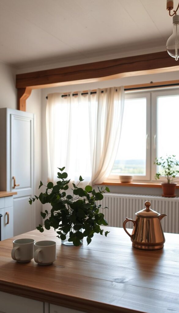 A cozy, Scandinavian-inspired kitchen bathed in warm, natural light. In the foreground, a wooden kitchen counter displays a minimalist arrangement of ceramic mugs, a copper kettle, and a bouquet of fresh eucalyptus. In the middle ground, a large, open window overlooks a serene landscape, its sheer curtains billowing gently. The background features white-washed walls, exposed wooden beams, and a touch of greenery from a potted plant. The overall atmosphere evokes a sense of hygge, with muted tones, tactile textures, and a calming, inviting ambiance.