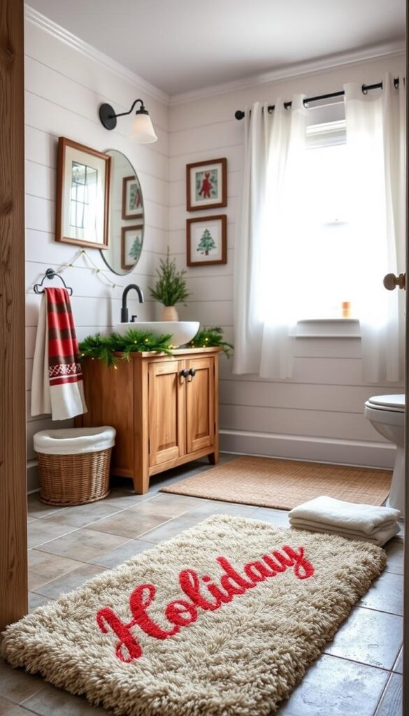 A cozy and festive bathroom with natural textures and warm holiday accents. In the foreground, a plush holiday-themed bathmat and matching hand towels in a rustic, farmhouse style. The middle ground features a simple wooden vanity with a minimalist white basin, accented by a garland of evergreen sprigs and twinkling fairy lights. The background showcases a shiplap-style wall with framed holiday prints, and a window dressed in a sheer, snow-white curtain, allowing soft natural light to filter in. The overall mood is inviting and budget-friendly, creating a welcoming holiday atmosphere.