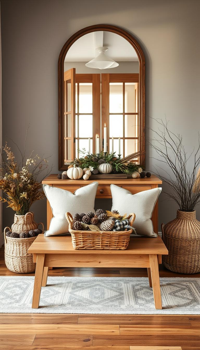 A cozy and inviting Nordic-inspired Thanksgiving entrance decor. In the foreground, a simple yet elegant wooden bench adorned with a plush, neutral-toned cushion and a few decorative pillows. Atop the bench, a basket overflows with pinecones, acorns, and other natural elements. Flanking the bench, two large, minimalist wicker baskets hold an assortment of dried flowers, twigs, and autumn leaves. In the middle ground, a wooden console table displays a stunning centerpiece of candles, more pinecones, and a few sprigs of greenery. The wall behind the console is adorned with a large, rustic-framed mirror, reflecting the warm, ambient lighting. In the background, a pair of wooden doors stand open, revealing a glimpse of the cozy, inviting interior beyond, with a soft, natural light filtering in. The overall scene evokes a sense of hygge, warmth, and seasonal elegance.