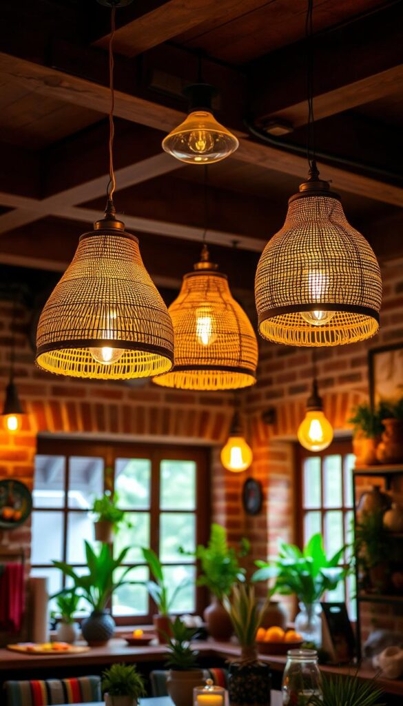 A cozy and inviting bohemian kitchen bathed in warm, ambient lighting. Eclectic pendant lamps with woven rattan shades and metal accents hang from the ceiling, casting a soft, diffused glow across the space. Rustic wooden beams and exposed brick walls provide a natural, earthy backdrop, while colorful textiles, plants, and ceramic decor add pops of vibrant color. The lighting fixtures have a handcrafted, artisanal feel, complementing the overall bohemian-inspired design aesthetic. The scene conveys a sense of relaxed, laid-back charm and a touch of bohemian flair.