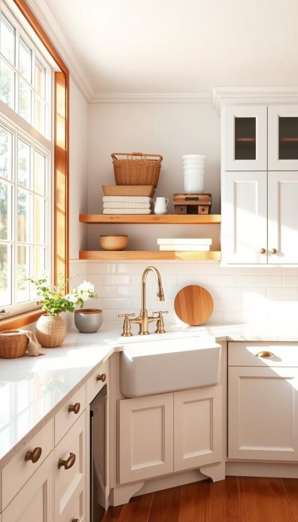 A cozy and inviting farmhouse-style white kitchen with an apron front sink takes center stage. Warm wooden tones complement the crisp, clean white cabinetry and countertops, creating a harmonious and timeless aesthetic. Abundant natural light filters in through large windows, illuminating the scene with a soft, gentle glow. The sink's deep basin and elegant faucet add practical functionality, while the surrounding subway tile backsplash and rustic open shelving contribute to the charming, country-inspired ambiance. Subtle textures, such as the woven basket and linen accents, lend depth and character to the space, resulting in a serene and welcoming atmosphere perfect for a white, yet stylish kitchen design.