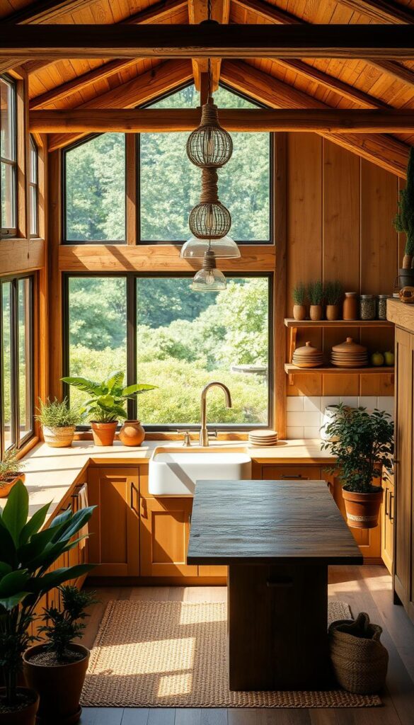 A cozy and inviting kitchen layout, bathed in warm natural light filtering through large windows. The foreground features a spacious central island made of reclaimed wood, surrounded by earthy-toned cabinetry and a farmhouse-style sink. Lush potted plants and a woven area rug add organic textures, while pendant lights with natural accents hang overhead, casting a soft, ambient glow. In the middle ground, wooden shelves display an assortment of terracotta dishware and glass jars filled with herbs. The background reveals a panoramic view of a verdant garden, blending the indoor and outdoor spaces seamlessly. The overall atmosphere is one of rustic elegance and harmonious integration with the natural world.
