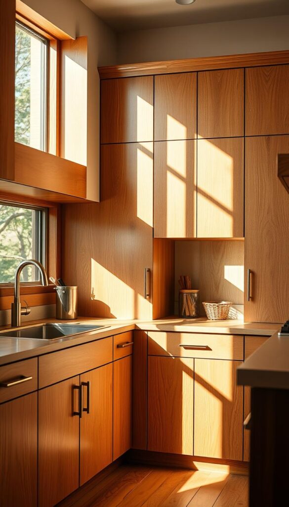 A cozy and inviting kitchen with warm wood cabinets showcasing natural grain patterns. The cabinets are bathed in soft, diffused lighting that accentuates the rich tones and textures of the wood. The grain flows seamlessly across the cabinet doors, creating a calming, earthy aesthetic. The cabinets are complemented by clean, minimalist hardware that lets the wood be the star. Sunlight filters in through large windows, casting a gentle glow and casting warm shadows that dance across the surfaces. The overall mood is one of rustic sophistication, blending nature and modern design for a truly harmonious and welcoming kitchen space.