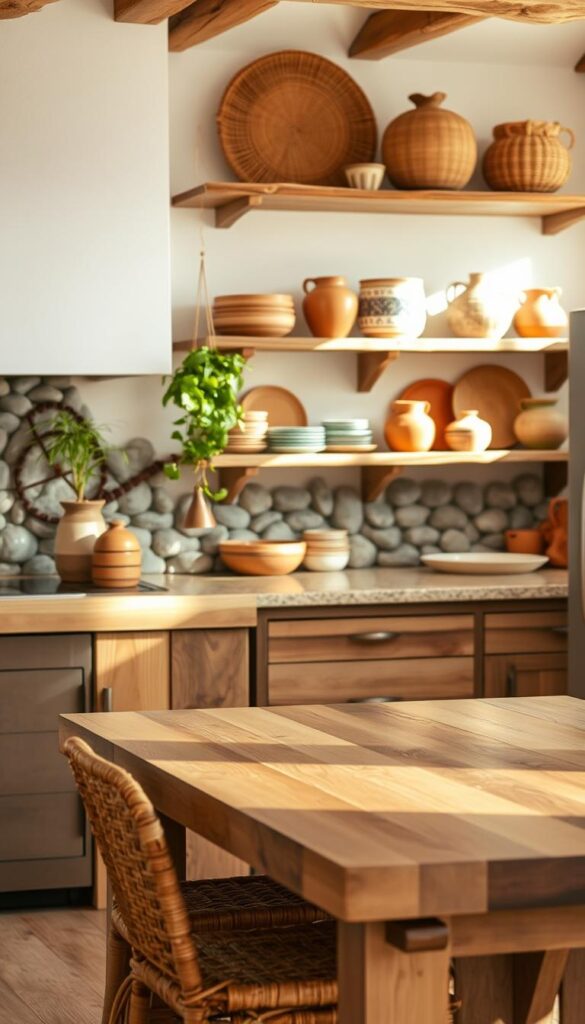 A cozy and inviting natural materials kitchen, flooded with warm, soft lighting. In the foreground, a wooden kitchen island with a butcher block top, surrounded by woven rattan bar stools. The middle ground features a backsplash of smooth river stones, complemented by earthy ceramic dishware and a hanging plant. In the background, rough-hewn wooden shelves display an array of natural-fiber baskets and terracotta pots. The overall atmosphere is one of rustic elegance, with organic textures and a calming, soothing palette that evokes a sense of mindful, boho-inspired living.
