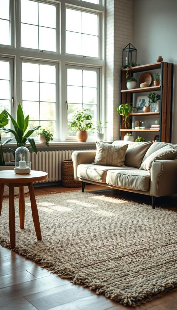 A cozy and inviting sustainable home interior with natural light streaming through large windows, highlighting a mix of modern and rustic decor elements. In the foreground, an energy-efficient LED lamp casts a warm glow on a wooden side table displaying a potted succulent. The middle ground features a plush area rug made from recycled materials, complemented by a loveseat upholstered in earth-toned organic fabric. In the background, a reclaimed wood bookshelf displays decorative items, plants, and a few sustainability-themed books. The overall atmosphere is one of comfort, simplicity, and environmental consciousness.