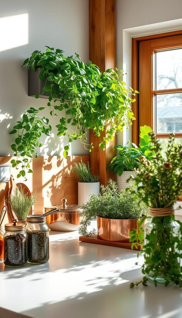 A cozy and well-lit indoor herb garden nestled in a modern kitchen. Lush green plants spilling out of sleek wall-mounted planters, casting soft shadows on the clean white countertops. Copper cookware and glass jars filled with dried herbs complement the natural tones. Warm wooden accents and a large window flood the space with natural light, creating a serene and inviting atmosphere. The camera is placed at eye level, capturing the harmonious integration of the garden and the kitchen design.
