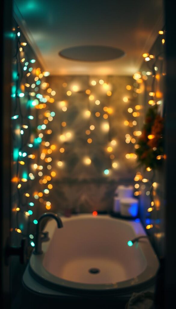 A cozy bathroom interior, dimly lit by a mesmerizing display of holiday string lights strewn across the walls and ceiling, casting a warm, magical glow. The lights, in various colors and patterns, are artfully arranged to create a serene and inviting atmosphere, perfect for a relaxing soak or pampering session. The lights are in soft focus, creating a dreamlike ambiance, while the background remains slightly blurred, drawing the eye to the captivating light display. The overall scene exudes a sense of coziness, comfort, and festive charm, setting the stage for a truly enchanting holiday bathroom experience.