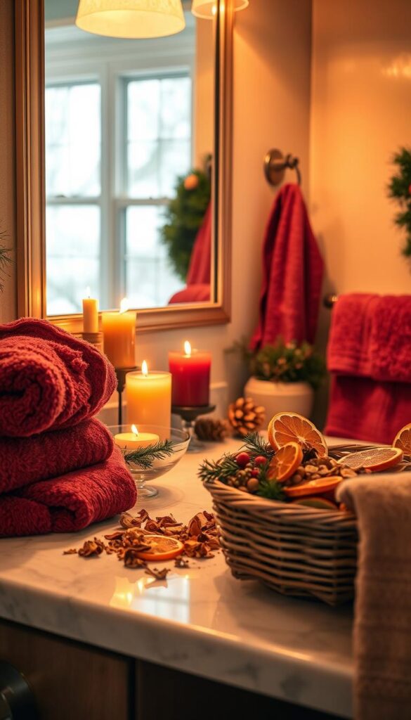 A cozy bathroom scene, illuminated by warm, golden lighting. On the counter, an assortment of holiday-scented candles in festive colors and shapes - cinnamon, clove, and pine. Beside them, a small bowl of dried citrus slices and evergreen sprigs, filling the air with a crisp, seasonal fragrance. Plush, fluffy towels in a deep, rich red tone add a touch of holiday elegance, while a woven basket overflows with fragrant potpourri in shades of amber and sage. The overall atmosphere is one of comfort, relaxation, and the welcoming aroma of the holidays.