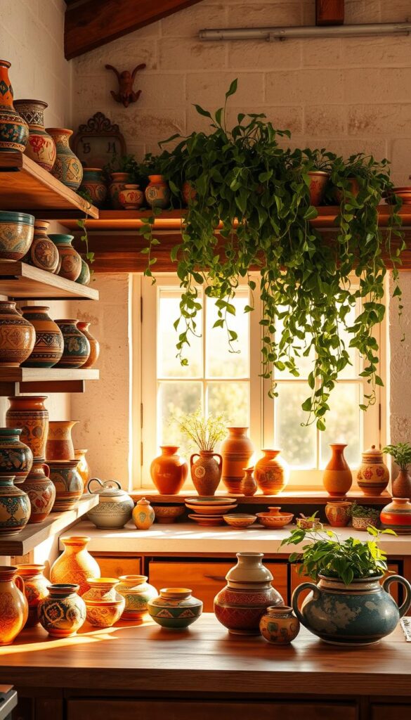 A cozy bohemian kitchen, sun-drenched and alive with color. In the foreground, open wooden shelves display a vibrant assortment of handcrafted pottery - glazed in warm earth tones, intricate patterns, and playful shapes. Eclectic vases, bowls, and plates create a visually captivating display, exuding a sense of rustic charm and artistic flair. The middle ground features lush, trailing plants cascading from the shelves, adding a touch of natural, organic beauty. In the background, a warm, golden light filters through large windows, casting a soft, inviting glow and accentuating the textured, whitewashed walls. The overall scene evokes a sense of welcoming, laid-back elegance, perfectly suited for a boho-inspired kitchen.