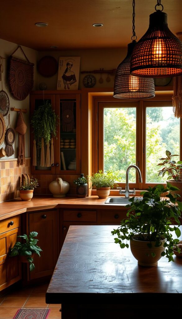 A cozy bohemian-style kitchen with a warm, inviting color palette. In the foreground, a wooden kitchen island with a natural stone countertop is adorned with ceramic planters overflowing with lush greenery. On the walls, a mix of terracotta tiles, woven wall hangings, and vintage-inspired art pieces create a layered, textured backdrop. Soft, diffused lighting from pendant lamps with rattan shades casts a golden glow over the space, accentuating the rich earth tones of the cabinetry and natural wood accents. In the middle ground, a large window allows natural light to flood the room, highlighting the organic materials and bohemian decor. The background features a panoramic view of a lush, verdant garden, further enhancing the connection to nature and the outdoors.