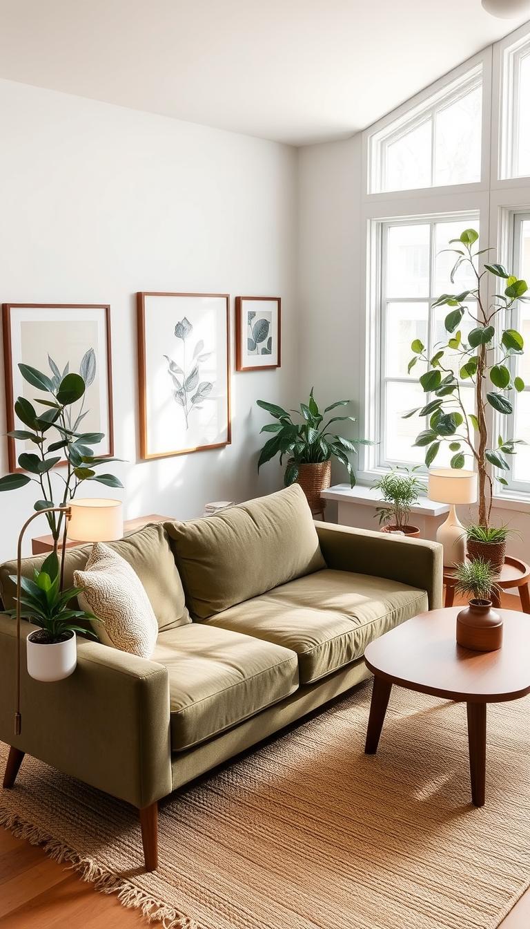 A cozy, budget-friendly organic modern living room with natural textures and earthy tones. A plush velvet sofa in a muted olive green sits atop a handwoven jute area rug. Mid-century modern wood end tables flank the sofa, topped with potted plants and minimalist lamps that cast a warm, ambient glow. In the corner, a tall fiddle-leaf fig tree adds a lush, botanical touch. Framed botanical prints hang on the walls, complementing the natural palette. Large windows allow ample natural light to filter in, creating a bright, airy atmosphere. The space feels inviting and serene, a harmonious blend of affordable, sustainable materials and design.