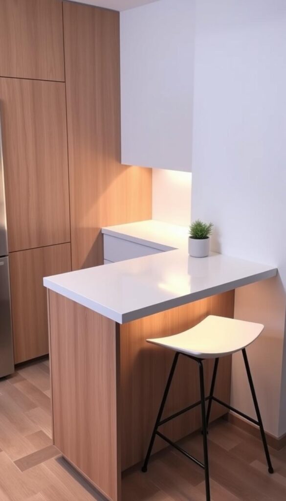 A cozy, compact kitchen island with a minimalist, modern design. The island has a sleek, white countertop and clean-lined, wooden cabinetry. Subtle, warm task lighting illuminates the surface, creating a soft, inviting atmosphere. The island is positioned in a small, efficiently designed kitchen with neutral-toned walls and flooring, allowing the island to be the focal point. The angle showcases the island's compact footprint, highlighting how it maximizes the available space without overwhelming the room. A pair of stylish, low-profile bar stools tuck neatly underneath, completing the practical, space-saving solution.