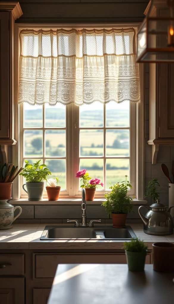 A cozy cottage kitchen bathed in natural light, the windows framing a picturesque rural landscape. Sunlight filters through lace curtains, casting a warm, gentle glow on the weathered wood cabinets and tile countertops. Potted herbs and delicate floral arrangements adorn the sills, adding pops of vibrant color. The kitchen is a haven of rustic charm, inviting you to linger and soak in the serene atmosphere. Soft, diffused lighting creates a tranquil, welcoming ambiance, perfectly capturing the essence of a charming cottage kitchen.