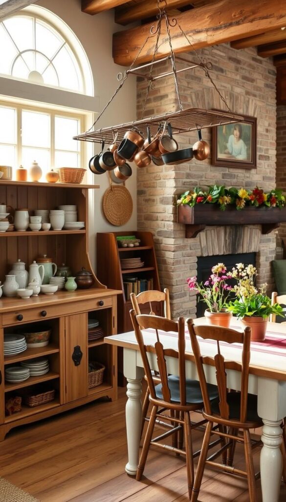 A cozy cottage kitchen bathed in warm, natural light streaming through mullioned windows. The foreground features an array of charming storage solutions - a vintage-inspired sideboard with open shelves displaying a collection of rustic ceramics, jars, and woven baskets. On the countertop, a wood-and-wire hanging rack holds an assortment of copper pots and pans. The middle ground showcases a classic farmhouse-style table surrounded by ladder-back chairs, with potted herbs and a vase of freshly picked wildflowers adding a touch of country elegance. In the background, a stone fireplace with a mantel decorated with seasonal foliage creates a welcoming, intimate atmosphere, while wooden beams and exposed brick walls lend an authentic cottage character to the space.